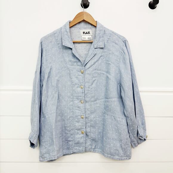 Women’s FLAX 100% Linen Blue Button Down Blouse Top Size Large L - Picture 1 of 7
